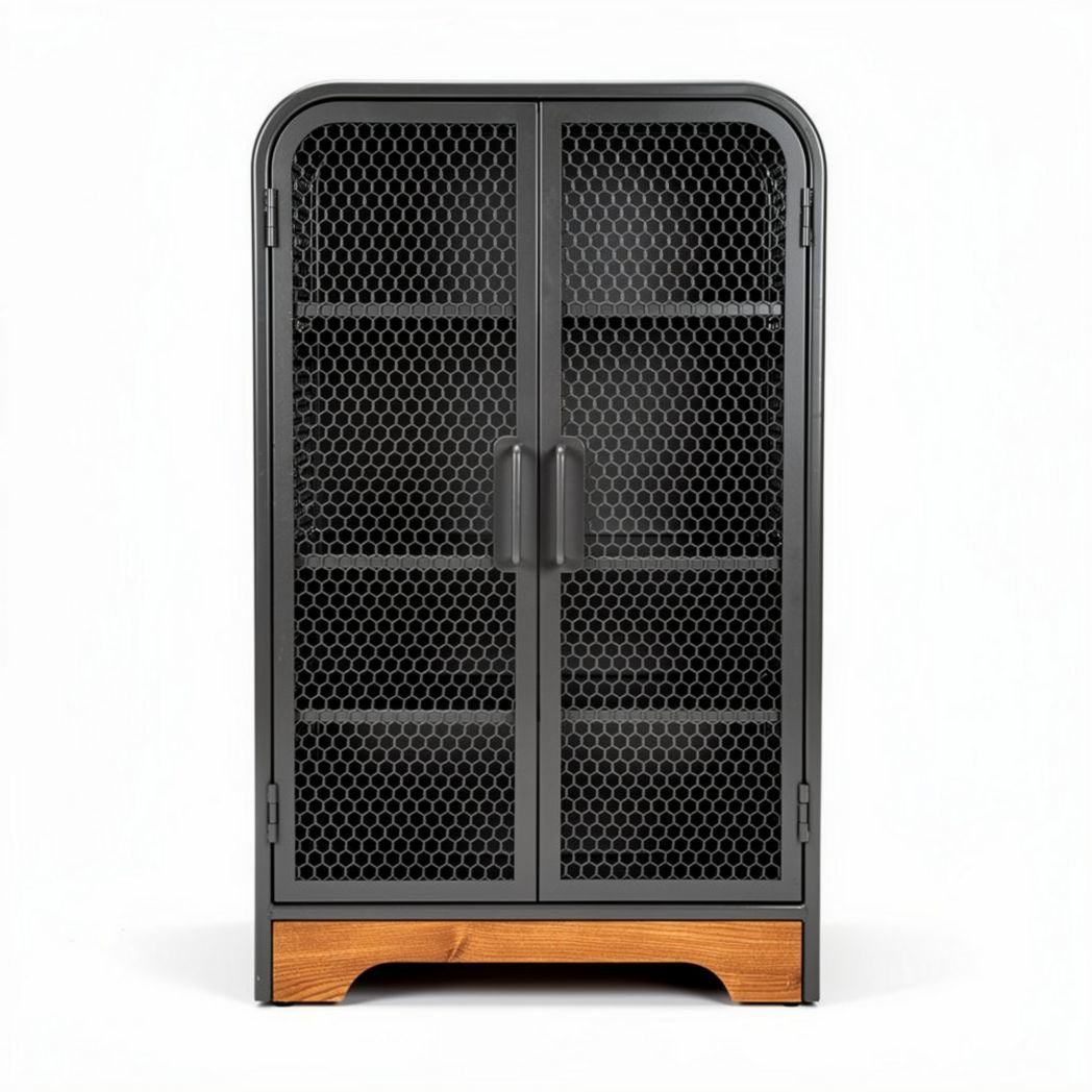 Metalen kast met houten basis en opengewerkt ontwerp 40 x 20 x 80cm
