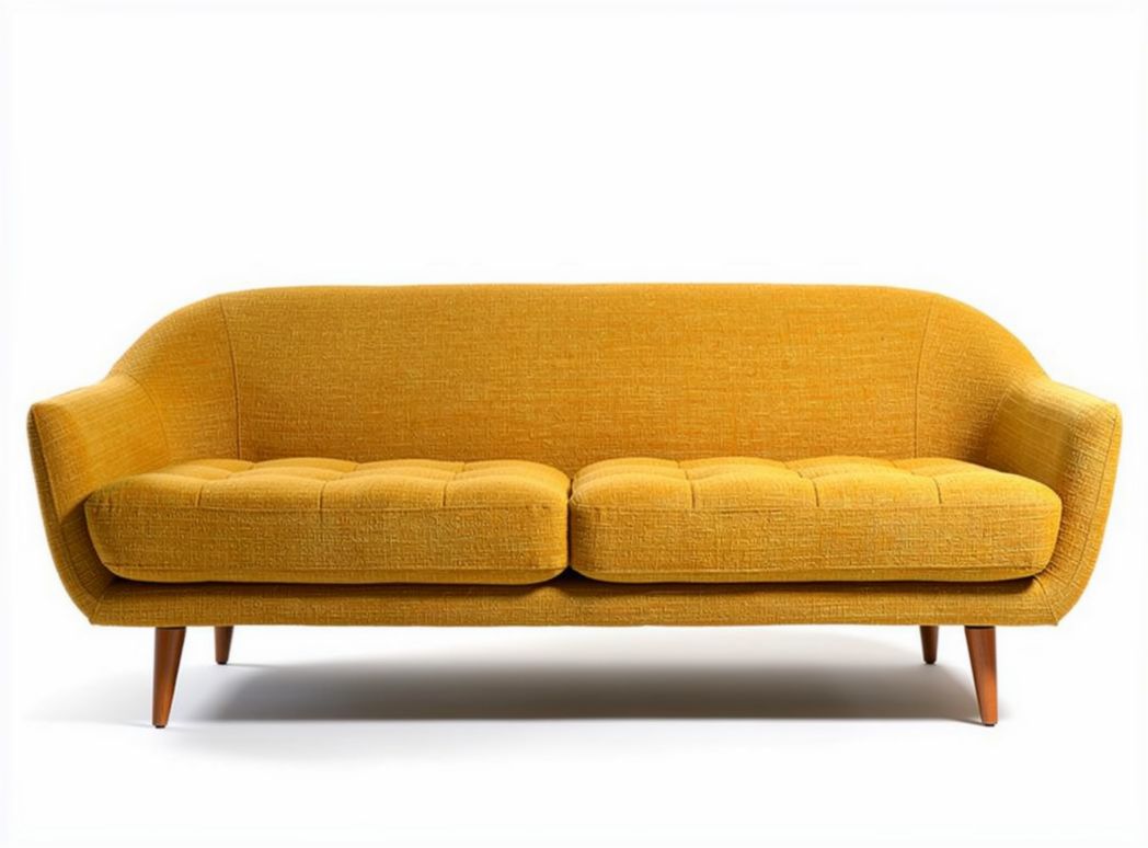 Sofa in geel stof met houten poten afmetingen 200 x 90 x 80cm