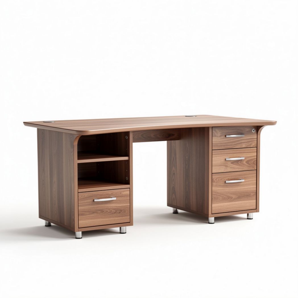 Houten bureau met vier lades en twee open opbergruimtes 150 x 75 x 75cm