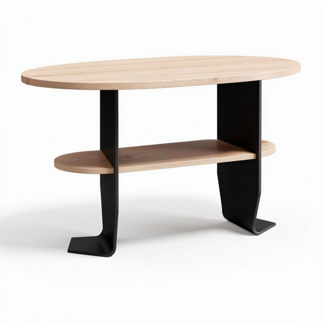 Eikenhouten ovaal salontafel met zwart metalen onderstel 100 x 50 x 45cm
