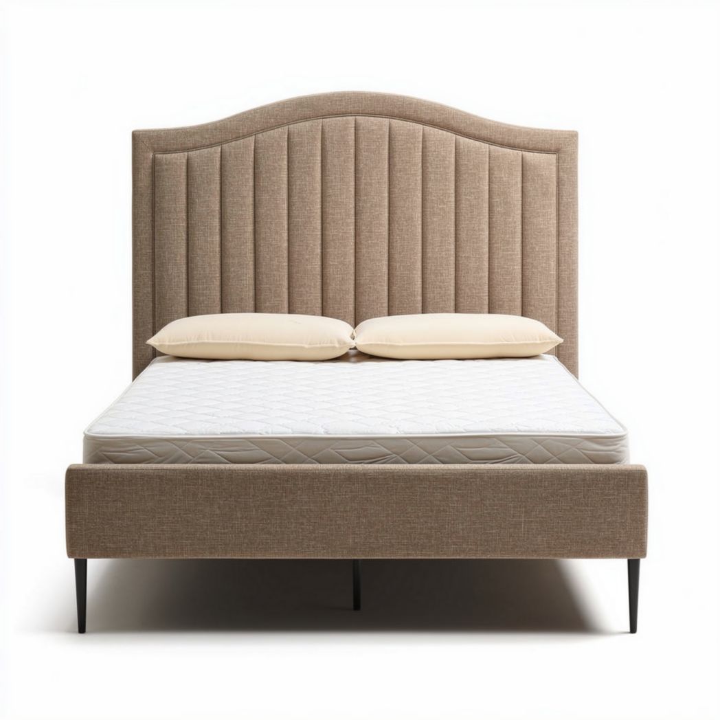 Tweepersoonsbed met stoffen hoofdbord in lichtbruin 200 x 160 x 100cm