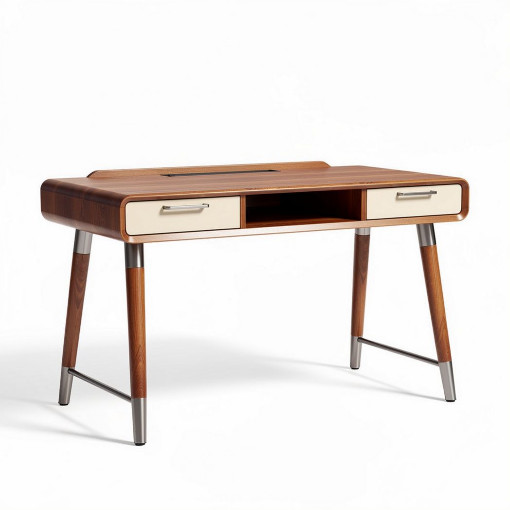 Bureau van donkerbruin hout met wit gelakte lades 120 x 60 x 75cm
