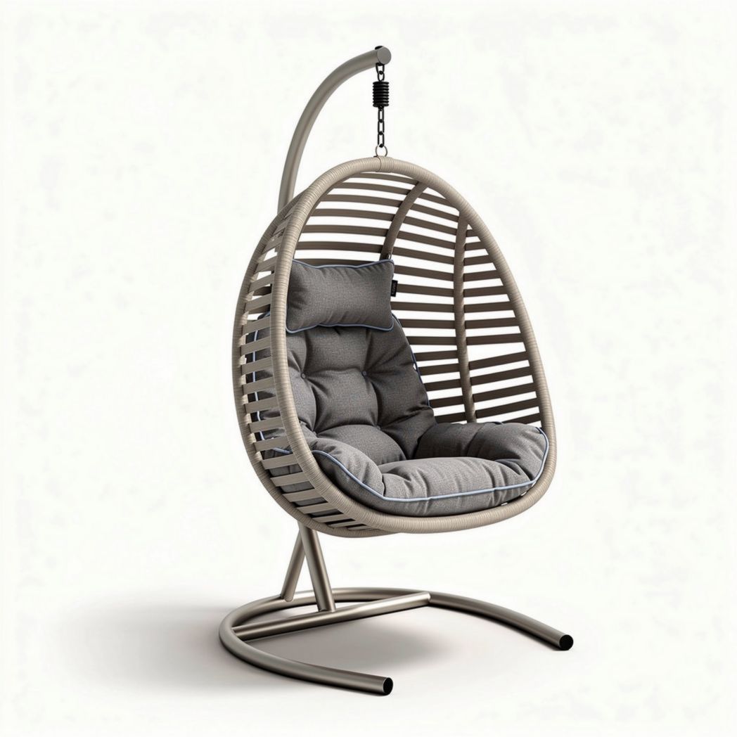 Hangstoel van staal met grijze kussens 100 x 70 x 120cm